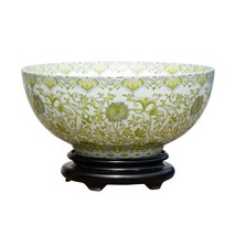 Chinese White and Green Tapestry Motif Porcelain Bowl w Base 14&quot; Diameter - £213.65 GBP