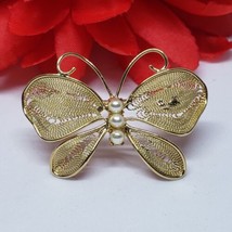 Vintage NAPIER Butterfly White Faux Pearl Gold Tone Pin Brooch - £13.29 GBP