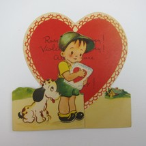 Vintage Valentine Boy &amp; Dalmatian Puppy Dog Red Heart Card Foldout Americard - £7.98 GBP