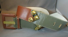 Rare 1980&#39;s Yves Saint Laurent Brass Leather Belt TAN/GREY-GREEN Med 29&quot;31&quot; 4974 - £383.61 GBP
