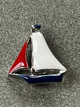 Small Red White &amp; Blue Enamel Patriotic SIlvertone Sailboat Lapel or Hat Pin or - £7.58 GBP