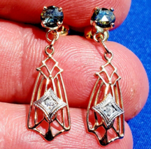 Rose cut Sapphire Diamond Deco Design Earrings Vintage Filigree Dangles 14k Gold - £1,027.97 GBP