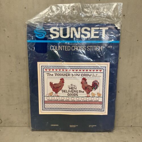 Sunset Counted Cross Stitch Kit 2978 Crowing Chickens Rooster Hen Delivers NOS - $21.77