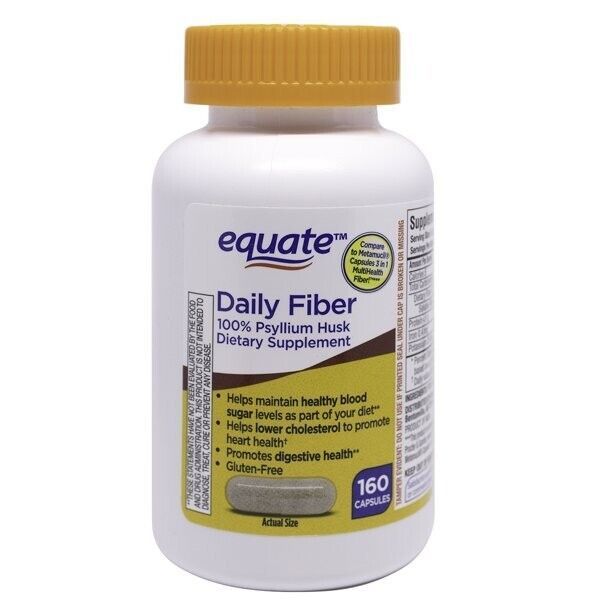 NEW Equate Daily Fiber 100 Psyllium Husk Capsules, Gluten Free, 160 ct
