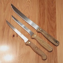 Vintage 3-Pc Stainless Steel Kitchen Cutlery Knife Set Wood Handles Full... - $12.95