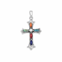 Colorful Marquise Cut Gemstones Catholic Cross 925 Silver Drop Pendant / Unisex - £83.71 GBP
