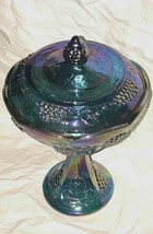 Indiana Glass Blue Harvest Grape Carnival Glass Compote Pedestal Vessel ... - $24.74