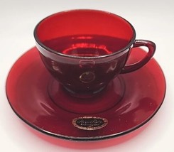 Vintage Royal Ruby Red Glass Cup and Saucer Anchor Hocking Christmas U230 - £13.43 GBP