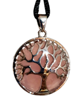 Tree of Life Rose Quartz Gemstone Round Pendant Cord Necklace Chakra Love Stone - £4.47 GBP
