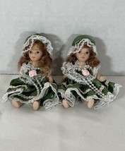 Vintage Mini Ceramic Dolls Green Dresses and Bonnets - £7.44 GBP