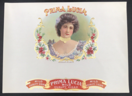 Antique Prima Lucia El Arte Cigar Box Label 9.5&quot; x 6 3/4&quot; Gold Lady in P... - $12.19