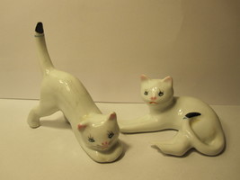 old set of 2 3&quot; long White Cat Statues, black tip tail / blue stripe - $5.00