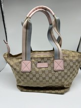 Gucci Small Web Tote Beige Pink Blue Canvas Leather w/  Dust Bag - $379.00
