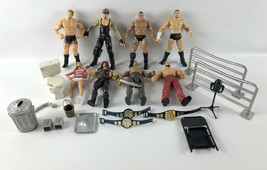 Lot of 8 WWE Wrestling Figures + 13 Accessories Jakks Titan 1999 2003 Rock  - £54.37 GBP