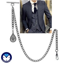 Albert Chain Silver Pocket Watch Chain for Men Fleur-de-lis Medal Fob T Bar 96N - $17.99