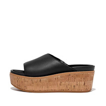 FitFlop Sz 10 Eloise Wedge Slide Sandals Black Leather Cork Wrap Platfor... - $79.19