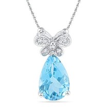 2.55ctw Pear Shape Blue Topaz &amp; Diamond Butterfly Pendant Necklace - £216.78 GBP