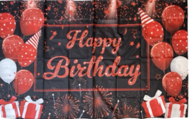 Happy Birthday Wall Banner Red & Black Fabric Party Backdrop Decor 72" x 44" image 4