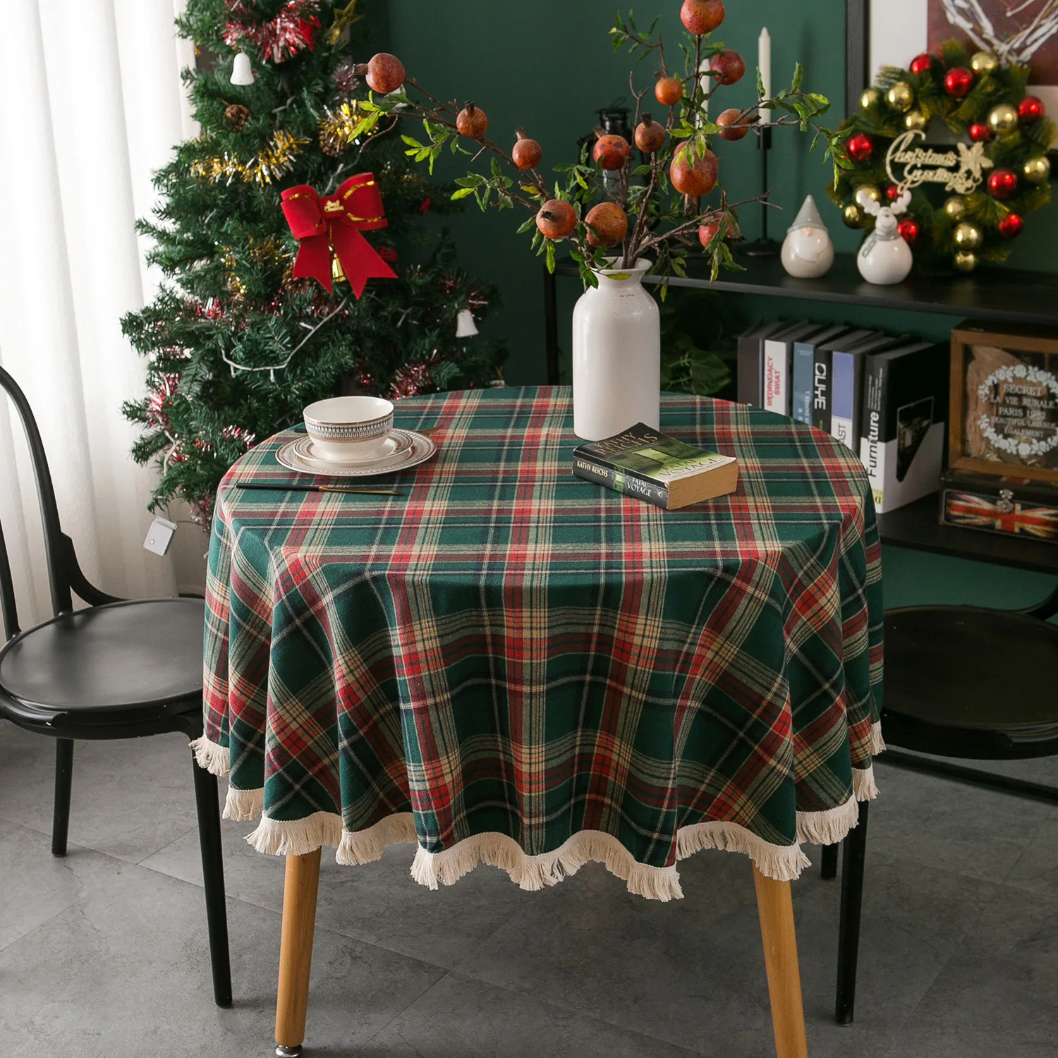 Christmas Green Plaid Tablecloth Festive Deng greasy dirt Tablecloth Light  Roun - £108.13 GBP