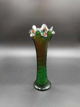 Northwood Green Carninal Opalescent Glass Diamond Point Swung Vase Vinta... - $39.55