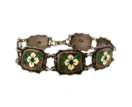 Lovely Antique Sterling BMCO Silver &amp; Enamel Floral Motif Link Bracelet - $148.50