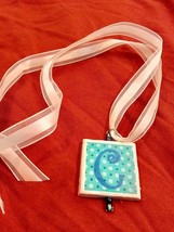Handmade Blue/Aqua &quot;C&quot; Necklace with White Ribbon - £7.96 GBP