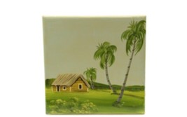 House and Palm Tree Hand Painted Ceramic Tile Dominican Republic Vintage 6x6&quot; - $11.85