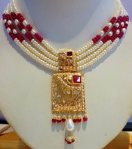 Gold Pearls Ruby Set Necklace Set Indian Bollywood Purity 22K Yellow Gold - £2,317.18 GBP