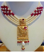 GOLD PEARLS RUBY SET NECKLACE SET INDIAN BOLLYWOOD PURITY 22K YELLOW GOLD - £2,260.38 GBP