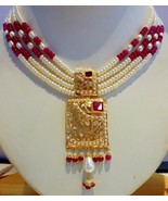 GOLD PEARLS RUBY SET NECKLACE SET INDIAN BOLLYWOOD PURITY 22K YELLOW GOLD - €2.450,94 EUR