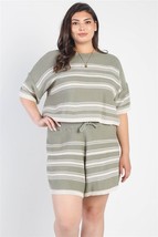 Women&#39;s Plus Size Olive Striped Crop Top High Waist Short Set (3XL) - £41.00 GBP