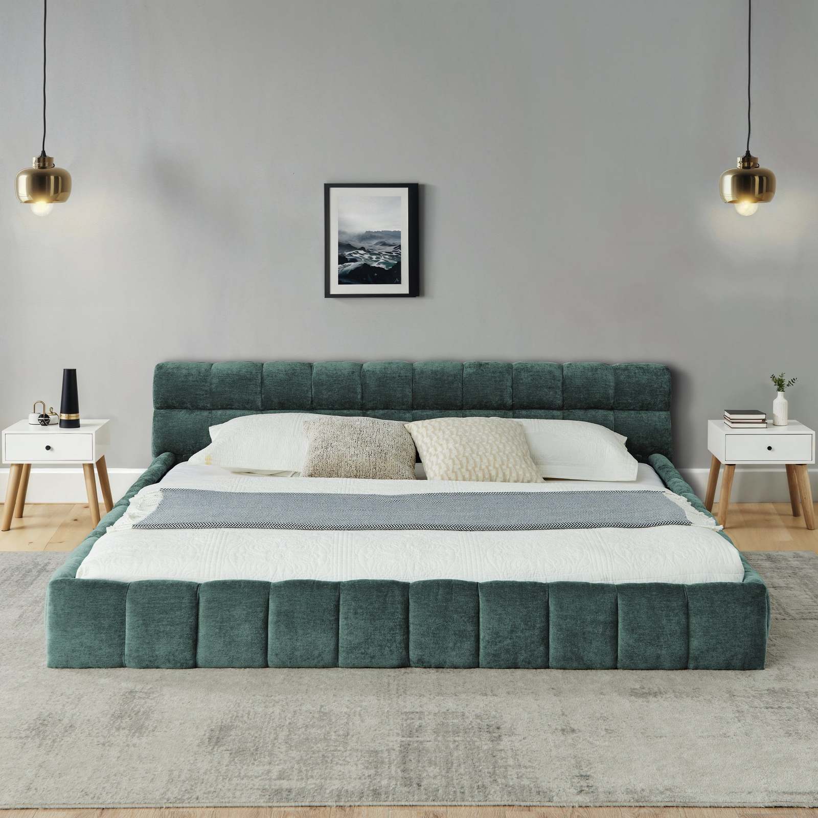 California King Chenille Platform Bed - No Box Spring - Blue Green Item image 2