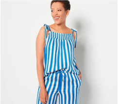 Candace Cameron Bure Tie-Strap Smocked Woven Tank (Cobalt Stripe, XS) A488226 - £15.51 GBP