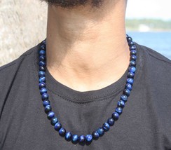Blue Tiger Eye Necklace -  Mens Necklace - Beaded Necklace - Crystal Nec... - £28.19 GBP