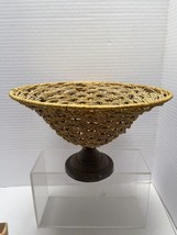 Woven Rattan Pedestal Basket Metal Frame 11” Vintage Wicker Center Cone Bowl - $32.18