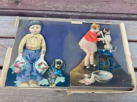 Antique c.1920&#39;s - 30&#39;s Wood Puzzle Die Cut of 2 Children w Dogs - £47.38 GBP