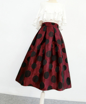 Burgundy Polka Dot Pleated Midi Skirt Women A-line Full Pleated Midi Party Skirt image 4