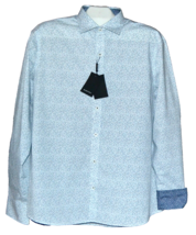 Bugatchi Men&#39;s Sky Blue White Geometric Design Cotton Shirt Size US XL - £67.11 GBP