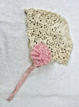 Antique Hand Crochet Baby Hat w Pink Ribbon Rosettes As Found - $16.34