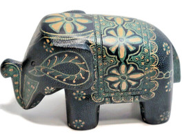 Dark Green Batik Elephant Statue Hand Crafted Wood Animal Figurine Collectible - £23.11 GBP