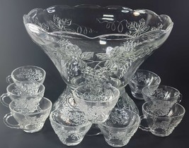 Anchor Hocking Grape Harvest Punch Bowl Set Stand 9 Cups Ladle 1960s Glassware - £37.22 GBP