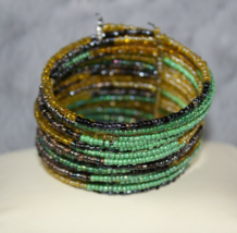 Bohemian Beaded Cuff Bracelet Green/Gold And Black Beads - £8.21 GBP