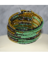 Bohemian Beaded Cuff Bracelet Green/Gold And Black Beads - £8.15 GBP