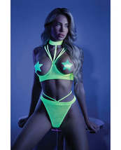 Glow Black Light Harness Open Shelf Bra &amp; Cage Thong (Pasties not Included) Neon - £30.99 GBP