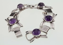 Vintage Mexico Sterling Silver Amethyst Link Bracelet 7.25&quot; - £379.03 GBP