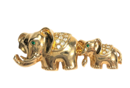 Elephants Brooch Lapel Pin Mother Baby Gold Tone Rhinestones Green Stone... - $15.95