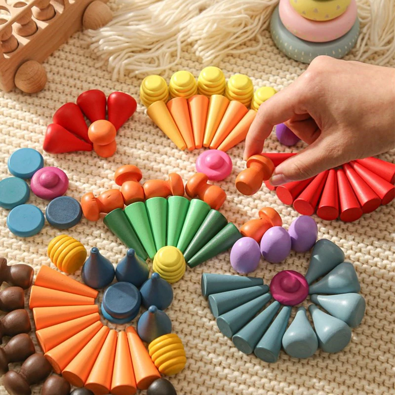 Children Rainbow Color Blocks Nordic Style Wooden Loose Parts Sensory Play - £11.14 GBP+