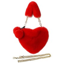 Luxury Faux Heart-shaped Women Small Handbags Fluffy Plush Ladies Chain Peach Sh - £16.16 GBP