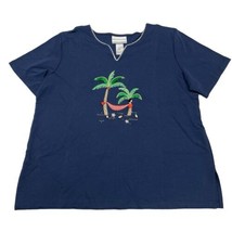 Alfred Dunner Top Womens PM Blue Embroidered Tropical Palm Tree Vacation... - $18.49
