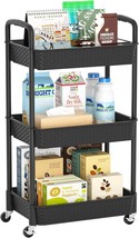 3-Tier Plastic Rolling Cart With Handle,Utility Storage Cart With Office,, Black - £30.05 GBP